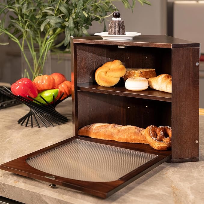 Corner Bread Box for Kitchen Countertop, Solid Wood, Walnut | 2-Tier Large Capacity, Wooden Bread Box, Vintage Farmhouse Breadbox, Pine Wood, Bread Storage Container, Adjustable Shelf