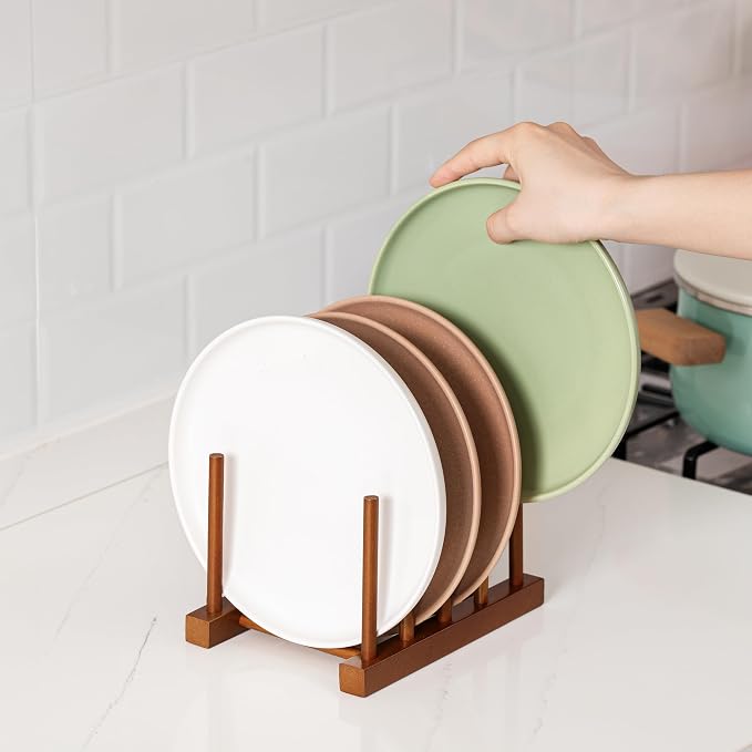 HBlife 4 Packs Teak Wooden Dish Drying Rack Stand Kitchen Plate Organizer | 4 Slots, Vertical Dish Racks for Cabinet Countertop & Wall, Plate Pot Lid Cutting Board Holder, Bowl Cup Drainer, Keep Dry