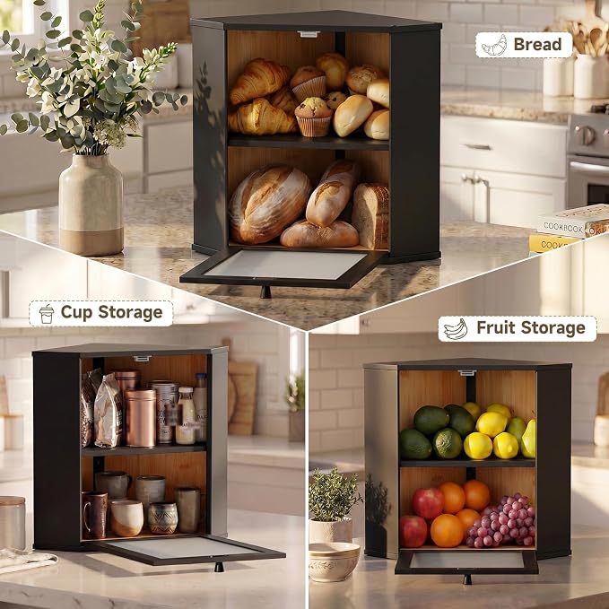 Bread Box for Kitchen Corner Countertop,Large Bread Basket (Black, X-Large) | Double Layer Bamboo Bread Storage Container for Kitchen Countertop,Height Adjustable