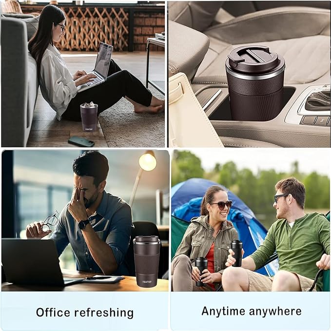 Insulated Travel Coffee Mug 16 oz, Spill Proof Coffee Mug To Go, Leakproof Stainless Steel Coffee Tumblers Reusable Thermal Coffee Cup with Lid for Hot & Cold Drinks (Brown, 510ml)