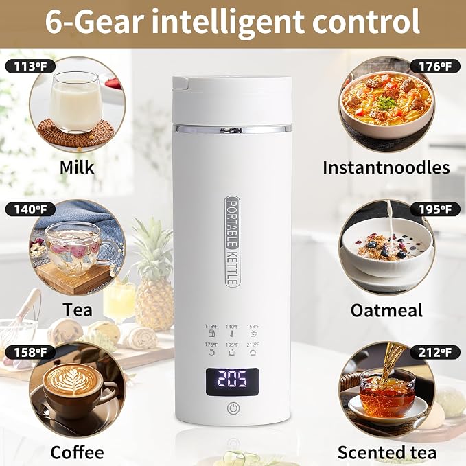 Compact Portable Electric Kettle, LCD Display with 6 Temperature Settings, 304 Stainless Steel, 450ml/15.2oz, Auto Shut-Off and Boil-Dry Protection, Travel Electric Kettle Teapot, White