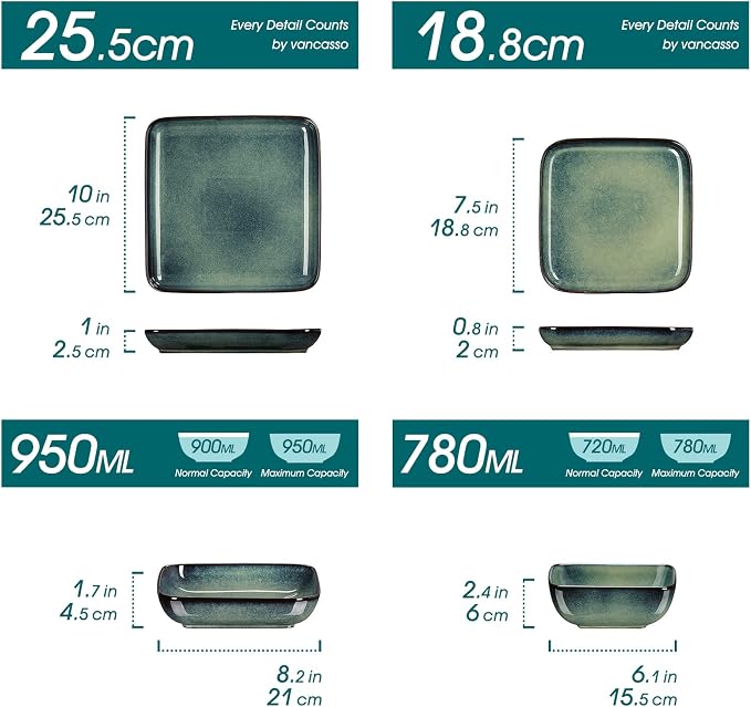 vancasso Stern Dinnerware Sets for 4, 16 Piece Stoneware Plates and Bowls Set, Square Reactive Glaze Ceramic Dish Set with Dinner Plates, Salad Plates, Cereal Bowls and Pasta Bowls, Green