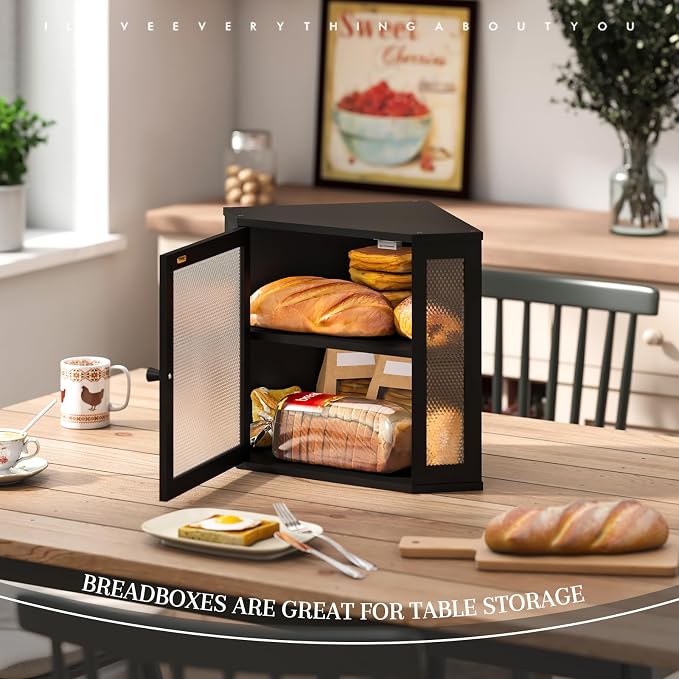 STDDRE Corner Bread Box Kitchen Countertop Extra Large Capacity Farmhouse Bread Box, Corner Countertop Storage, Double Layer Bread Holder (Black, Large)