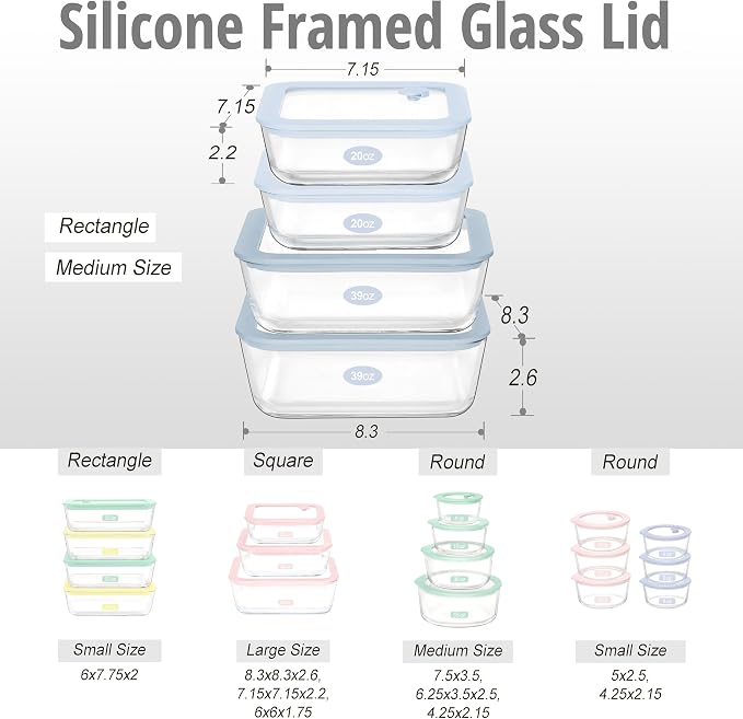 Glass Food Container Set with Silicone Glass Lid, Square Shape, 4 Pack, Airtight, LeakProof, 100% Plastic Free, Meal Prep Food Storage Containers, Blue Color