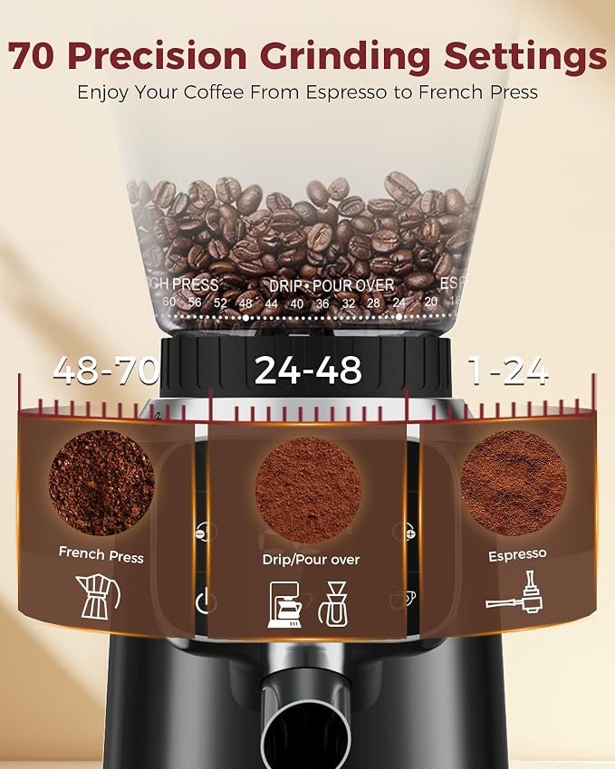 Tuni G2 Conical Burr Coffee Grinder with 70 Precise Grind Settings, Black | Espresso Grinder with Anti-Static Design, Adjustable Electronic Timer & LED Touchscreen, For Drip Cold Brew French Press