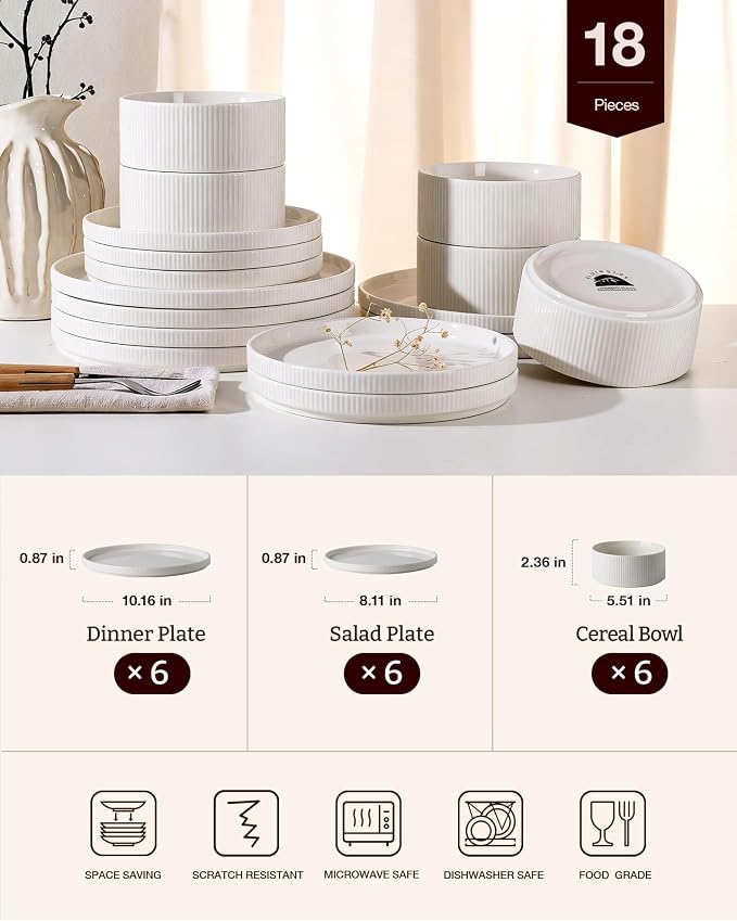 Line Porcelain Dinnerware Set, dish set for 6, White | Premium dinnerware set, chip-resistant & durable. Safe for dishwasher, microwave, oven. For daily meals to festive feasts