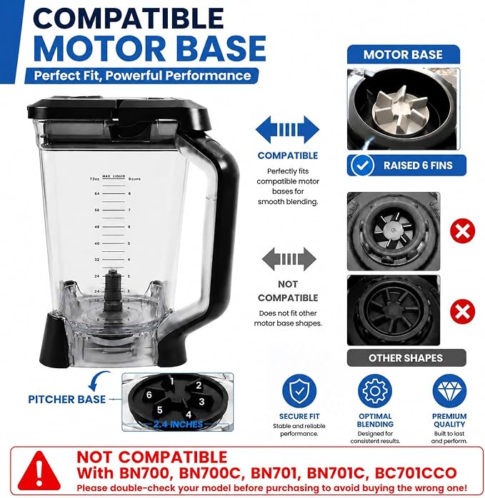 72oz Replacement Pitcher for Ninja BL610 BL710 CT610, BPA-Free Lid | 6-fin base. Dishwasher safe, BPA-free. Compatible with BL610 BL710WM CT610 series. For smoothies & sauces.