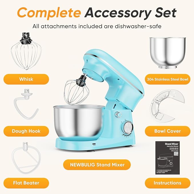 NEWBULIG Stand Mixer 4.2QT, Kitchen Electric Mixers Alternative | 10-Speed Dough Hook, Whisk, Beater & Splash Lid, Multi-Cover for Baking, Cakes and Home Cooking Needs