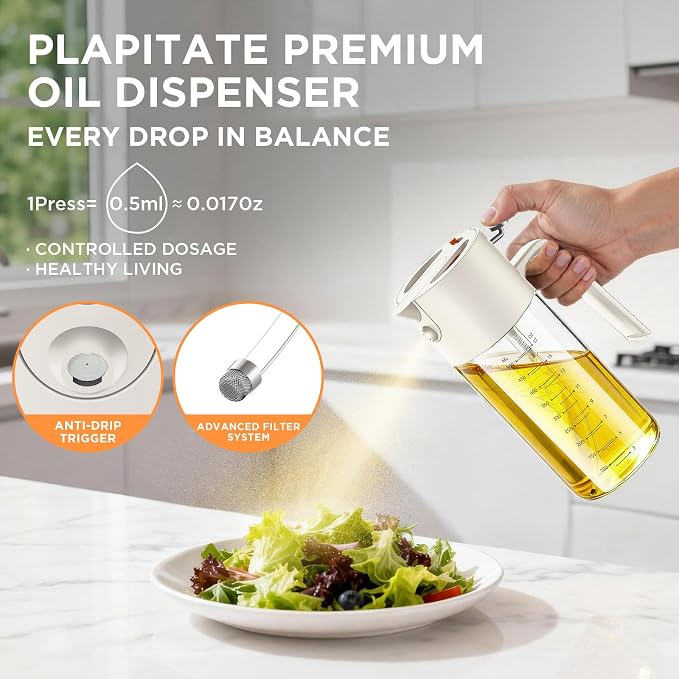 PLAPITATE 17oz/500ml Premium Olive Oil Sprayer for Cooking, 2 in 1 Glass Olive Oil Dispenser Bottle for Kitchen Gadgets, Spray Bottle with Portion Control for Salad, Frying, BBQ (White)