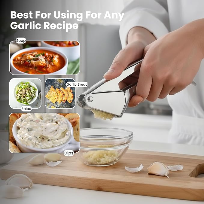 KUYRA Garlic Press Stainless Steel – Heavy Duty No-Peel Garlic Crusher & Mincer, High Capacity Chamber, Rust-Free 304 Steel, Easy Clean & Dishwasher Safe Clove Crusher & Hand Mincer