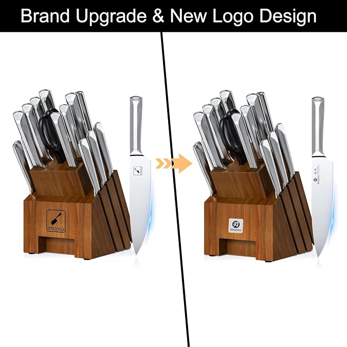 imarku 16PCS Stainless Steel Knife Set, Full Tang Design with Wooden Block | Knife Set With Block And Sharpener, High Carbon Stainless Steel Blades, Ergonomic Non-Slip Handles, Dishwasher Safe Design