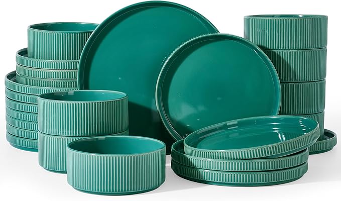 Famiware Stoneware Dinnerware Sets for 8, 24pc Rimmed Plates, Bowls, Dishes | Chip & Scratch Resistant Ceramic, Microwave & Dishwasher Safe, Everyday & Formal Use, Modern Rustic, Lipped Edges, Sage Green