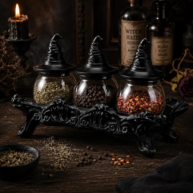 13'' Halloween Witchy Spice Jars Set 3 Pcs Large Gothic Vintage Apothecary Glass Jars with Witchy Hat Lids Home Kitchen Decoration Food Storage Container Herb Tea Salt Spice Pepper Display