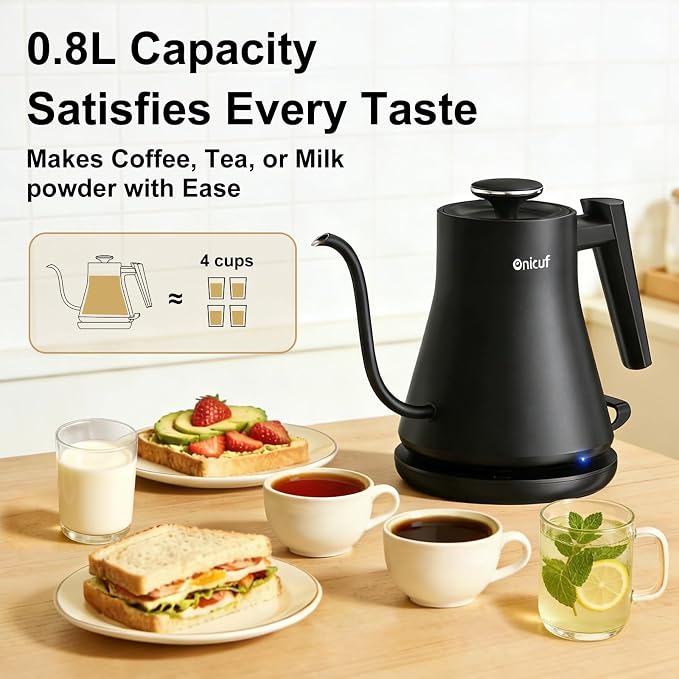 Gooseneck Electric Kettle 0.8L (27oz) - 1000W Rapid Fast Boiling Tea Kettle with Auto Shut Off & Boil-Dry Protection, Stainless Steel Leak-Proof Water Boiler for Pour Over Coffee, Black