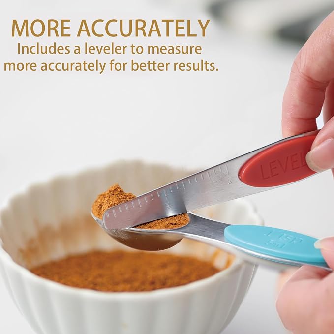 12 PCS Measuring Cups and Spoons Set Stainless Steel, 5 Measuring Cups with Colorful Silicone Handle and 6 Double-Sided Magnetic Measuring Spoons & 1 Leveler for Cooking and Baking (5+6+1)