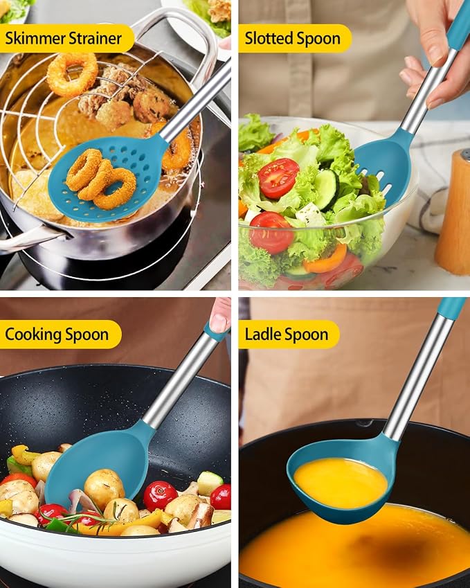 Silicone Cooking Utensils Set, 8 Pcs Kitchen Utensils with Holder, Blue | BPA Free and Heat Resistant, Kitchen Tools for Non Stick Cookware include Spatulas, Turners, Spoons, Skimmer and Pasta Fork
