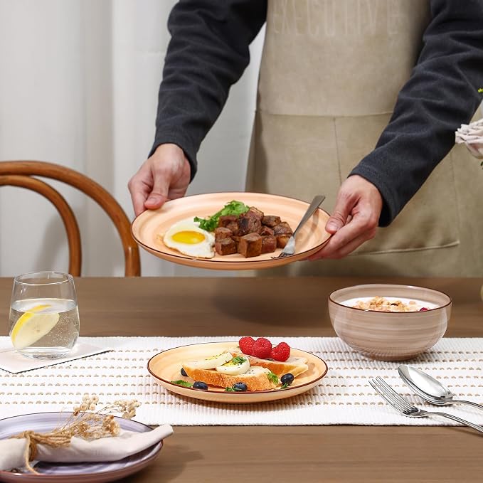 Selamica Ceramic Plates and Bowls Sets,12 Pieces Dinnerware Sets for 4,Scratch Resistant Dish Set,Dishwasher & Microwave Safe, Maillard