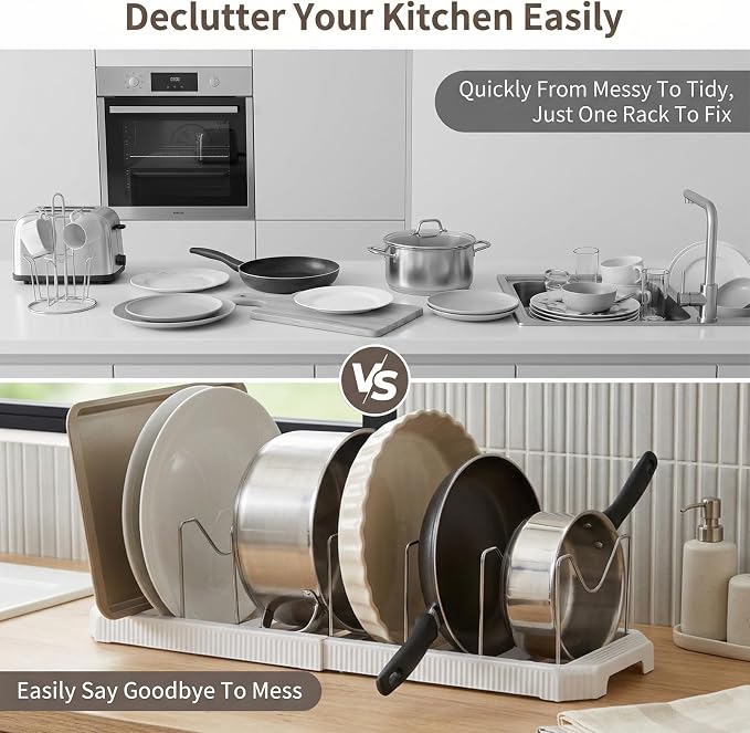 2 Pack Expandable Pot and Pan Organizer Rack for Kitchen Cabinet | Adjustable Lid Holder with 7 Adjustable Dividers Pot and Pan Lid Holders Rack Space-Saving Storage for Renters Homes