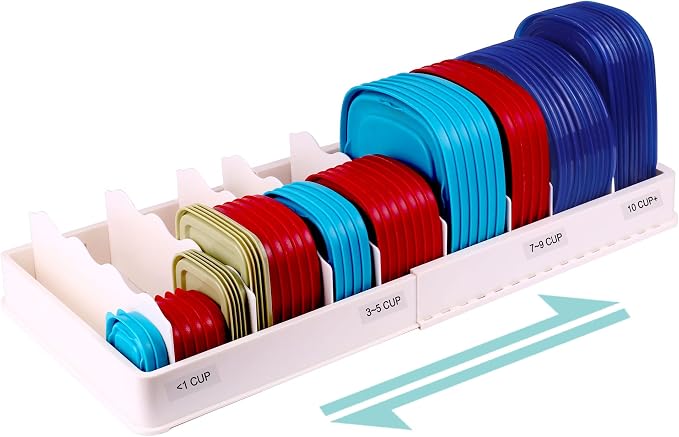 SWOMMOLY Expandable Food Container Lid Organizer for Kitchen Cabinet | Storage Lid Holder with 8 Dividers, 30 Preprinted and Blank Writable Labels, Adjustable 13.8" to 25.2", Extra Large, White