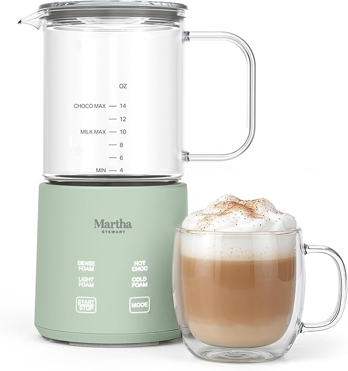 Martha Stewart 10oz Milk Frother & Steamer, 4 Presets, 300ml Glass Pitcher | Light, Dense, Cold Foam & Hot Chocolate, Ready in 90 Seconds, Cordless Pouring, Runs Quiet, Almond, Soy & Oat Milk, Honeydew