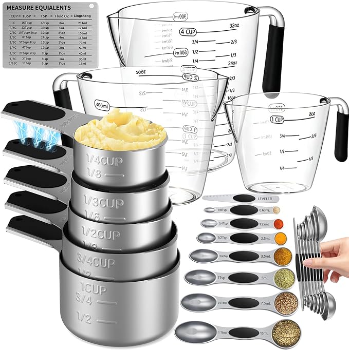 Magnetic Measuring Cups and Spoons Set,Stainless Steel 5 Dry & Liquid Measuring Cups Dry,7 Magnetic Measuring Spoons,3 Plastic Measuring Cup with 1 Measuring Conversion Chart for Cooking & Baking