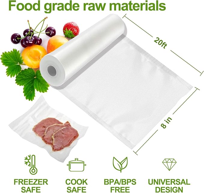 W&Y Vacuum Sealer Bags 8"x20' 3 Rolls Cut-to-Size Sous Vide,BPA Free | Commercial Grade, BPA Free, Freezer Bags, Sous Vide Cooking, Puncture Prevention, Vacuum Storage Bags