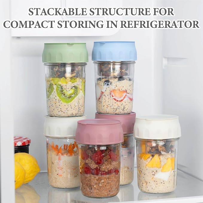 SOLIGT 2 Pack Overnight Oats Containers with Lids (White/Organic Green) | Folding Spoons and Divided Compartments for Fruit&Nuts, Small Glass 16oz Mason Jars for Oatmeal Yogurt Parfait