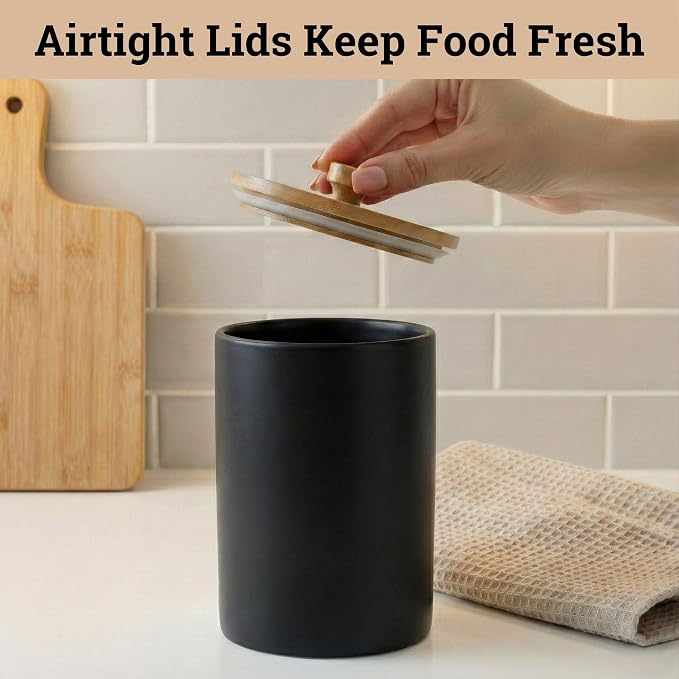 Ceramic Kitchen Canisters for Countertop Set of 3 w/ Airtight Bamboo Lids | Thick Sturdy Ceramic, Matte Finish, Airtight Easy Open Bamboo Lids, Comfortable Bamboo Handles, Jar Volumes: 2, 1, 0.5 quarts
