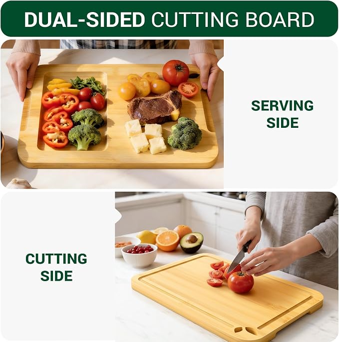 Bamboo Cutting Boards for Kitchen, Wooden Cutting Boards, 13 x 9.5 inch | Knife-Friendly Chopping Boards with Silicone Mat, Charcuterie Boards with Side Handles and Juice Grooves