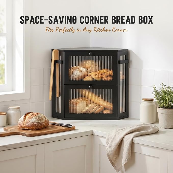Corner Bread Box for Kitchen with Bread tongs,Black | Bamboo Bread Box For Homemade Bread Storage,Double Layer Corner Bread Box For Kitchen Countertop