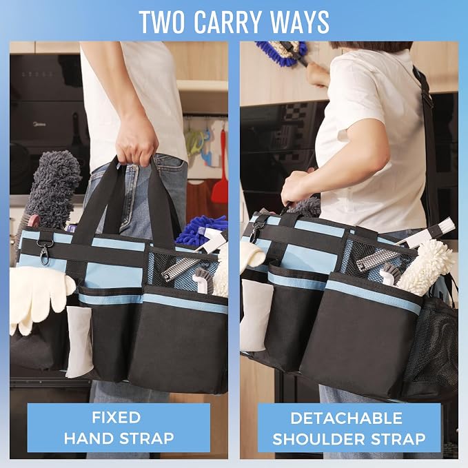SCAVATA Wearable Cleaning Caddy, Cleaning Caddy Supplies Organizer with Handle & Shoulder Straps for Housekeepers, Under Sink & Car Cleaning Tool Organizers Bag with 4 Foldable Divider (Blue)