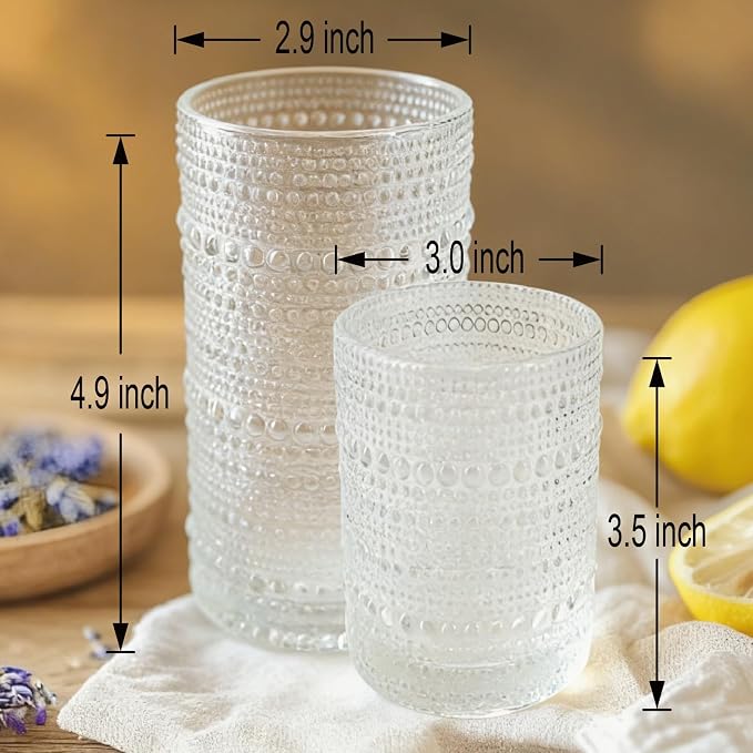 Hobnail Drinking Glasses Set of 8，Includes 12 oz beer glasses and 10 oz cocktail glasses.Kitchen Water Glass Cup,Bar Tumbler Glassware Set for Whiskey, Beer, Cocktail, Juice, Milk
