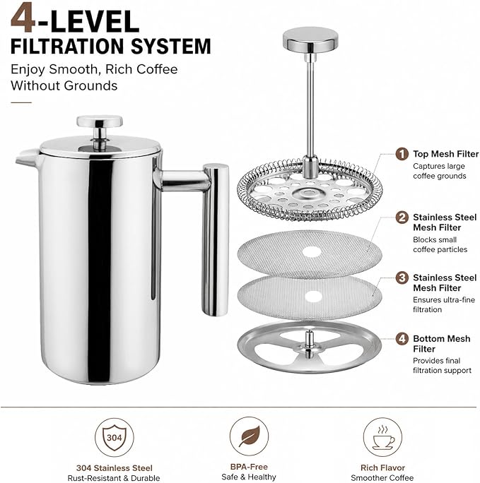 Small Stainless Steel French Press, 12oz Dual-Filter Coffee Plunger Pot Brewer and Maker for Individual Serving, Silver