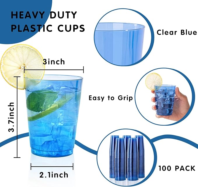 DaYammi 100 Pack Clear Blue Plastic Cups 10 Oz - Heavy Duty Blue Disposable Cups,blue Party cups Disposable Tumblers for Wedding,Birthday,Cocktails & Celebrations Reusable Drinking Glasses