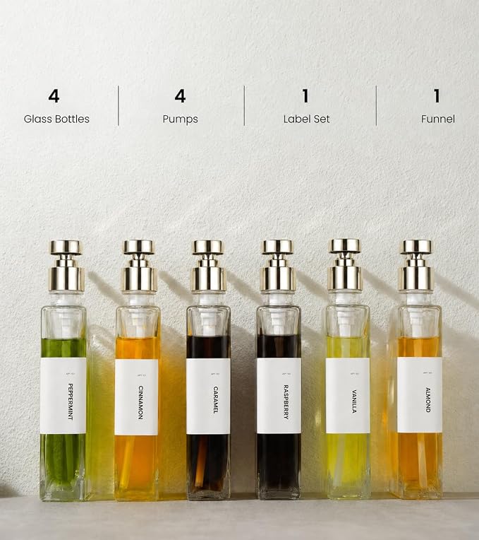 Glass Coffee Syrup Dispensers with Pumps, Syrup Bottles with Label Set - Essential Coffee Bar Accessories, 11.8 oz/350ml, Set of 4