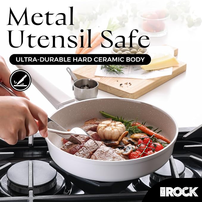 THE ROCK SOHO 9.5-Inch Non Stick Frying Pan with Lid–Nothing Sticks, Never Warps, Lasts Longer, Ceramic Non Toxic Skillet with Heat-Resistant Handle, PTFE PFOA&PFAS Free, Dishwasher Safe, Cream