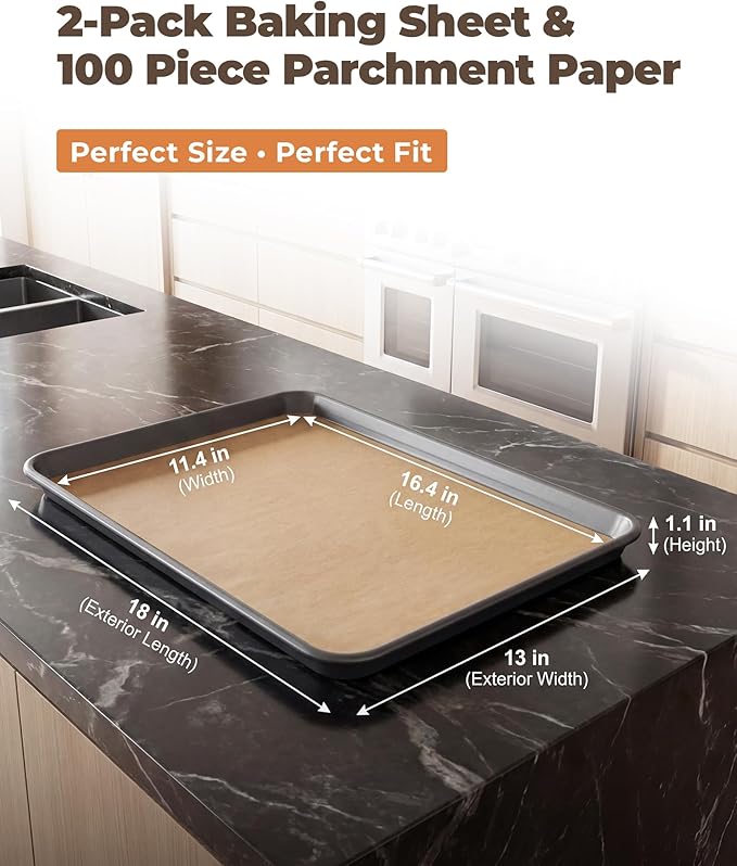 Bake Choice 2 Pack 18x13In Half Sheet Pans With 100Pcs Parchment Sheets | Heavy Duty Carbon Steel, Warp Resistant Nonstick Baking Sheet, Commercial Grade Cookie Sheets for Oven Baking Roasting