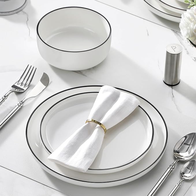 MALACASA 18 Pcs Porcelain Plates and Bowls Sets,Dinnerware Set for 6,White | Modern Ceramic Dishware Set,Kitchen Dining Ware,Microwave and Dishwasher Safe,Simple White with Black Trim Design,Series LUNA