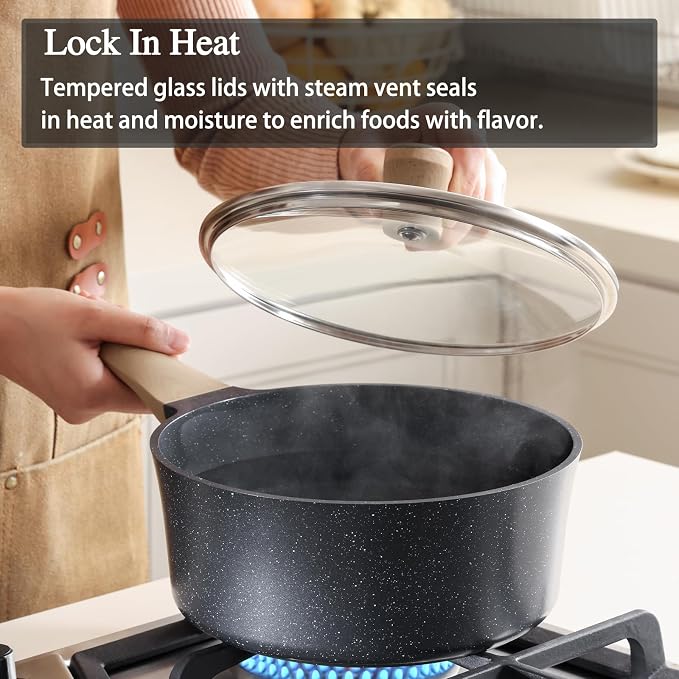 Nonstick Saucepan with Lid, 2 Quart German Greblon Ceramic Sauce Pan, Non Toxic Sauce Pot with Cover for Multipurpose Use, PTFE, PFOA & PFAS Free, Induction Compatible.