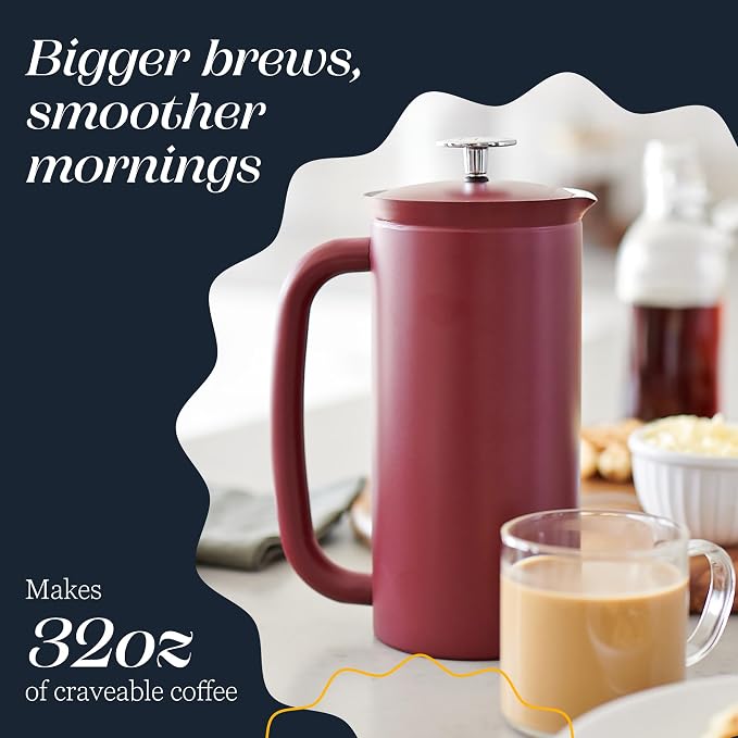 ESPRO P7 French Press, 32oz, Cranberry, Stainless Steel Coffee Maker | Double Filter Coffee Press, Grit-Free Coffee, Heat Resistant Insulated tea Press, Easy Hot and Cold Coffee Brewer, Tea Brewer