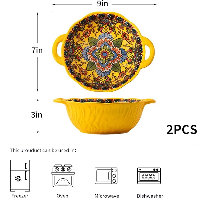 2 Pack Boho Ceramic Serving Bowls with Handles, 40 Oz Porcelain Salad Bowls, Large Serving Dishes for Entertaining, Mixing Bowls for Soup, Stew, Pasta, Cereal, Colorful Embossed Cute Bowls Set HH
