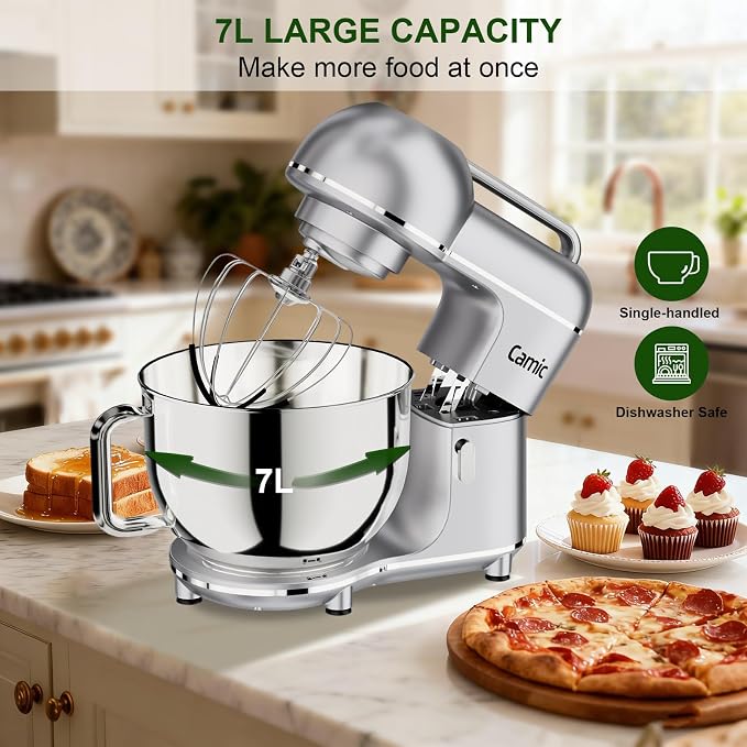 Camic Electric Stand Mixer,7.45 QT,10 Speeds with Dough Hook,Whisk, Flat Beater Attachments, Splash Guard, Easy-Carry Top Handle,3-IN-1 Kitchen Mixer for Baking Cakes Cookie Bread Salad (Silver)
