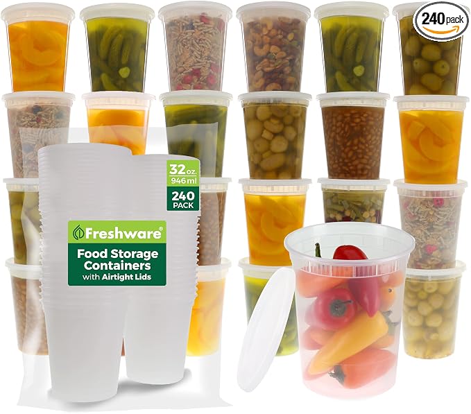 Freshware Food Storage Containers [240 Set] 32 oz Plastic Deli Containers with Lids, Slime, Soup, Meal Prep Containers | BPA Free | Stackable | Leakproof | Microwave/Dishwasher/Freezer Safe