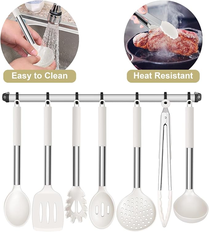 E-far Silicone Cooking Utensils Set, 7-Piece White Kitchen Utensils Set | Heat Resistant Nonstick Cookware with Stainless Steel Handle, Slotted Turner, Spoon, Soup Ladle, Pasta Server, Skimmer, Tongs