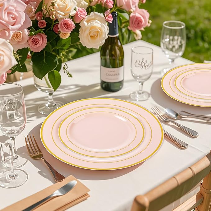 GATHER 350PCS Pink Plastic Plates with Gold Rim for Wedding Baby Shower | Pink Disposable Plastic Dinnerware Set include 100 Plates, 150 Silverware, 50 Napkins, 50 Cups for Party Birthday