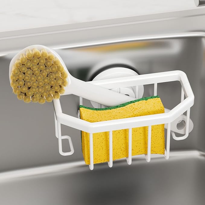 TAILI White Sponge Holder for Kitchen Sink with Strong Suction Cup | Dish Sponge Caddy Inside Sink Removable, Rustproof Aluminum for Sponges, Brushes, Stoppers and Scrapers
