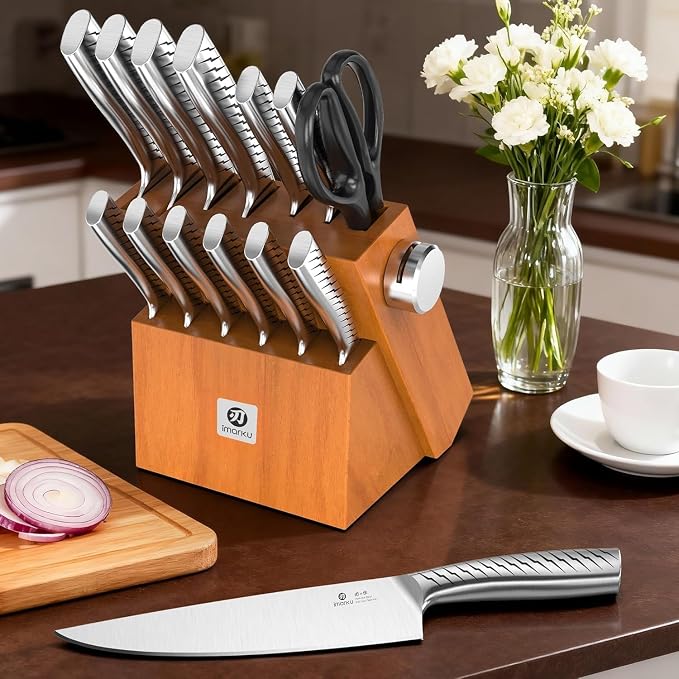 imarku 14-Piece Knife Set. Pro power, home ease | Self-sharpening builds skill. Razor-sharp high carbon steel. Grip boosts confidence. Steady, non-slip prep.