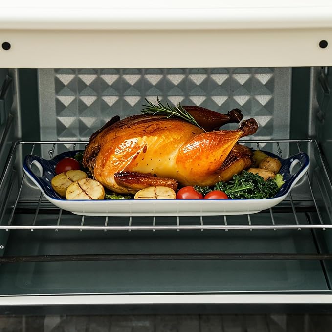 Serving Tray with Handles - 12 Inch Large Ceramic Rectangle Turkey Serving Platter for Food Meat - Porcelain Serving Dish for Entertaining Thanksgiving - Oven Safe - Set of 4 - Vintage Blue