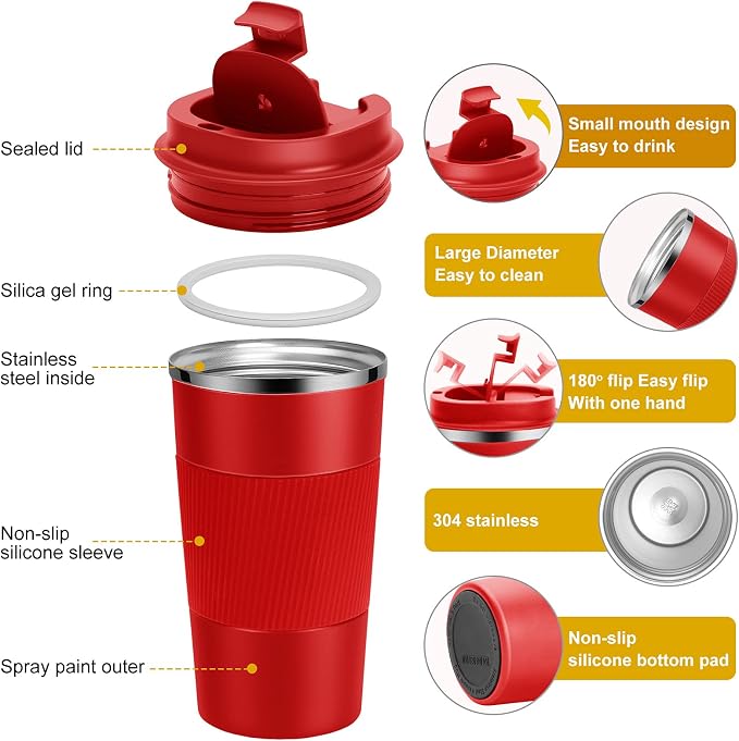 YINJAM 17oz Travel Coffee Mug Insulated Coffee Cups to Go with Leakproof Lid Vacuum Stainless Steel Double Walled Thermal Car Coffee Tumbler for Hot Cold Ice Tea Drinks Reusable (Red, 17oz) | 510ml Reusable Leakproof Camping Tumbler with Lid for Hot Co...