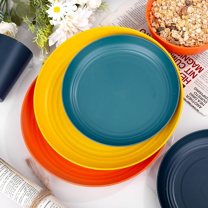 32-Piece Unbreakable Wheat Straw Dinnerware Set,Service for 8 | Premium multi-color wheat straw plates,bowls and cups set for family gatherings,rv camping,and everyday indoor-outdoor dining